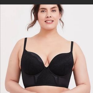 Black Microfiber & Lace Push-Up Plunge Longline Bra